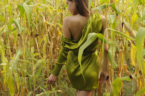 Lime green pure silk one shoulder mini dress with drappy details