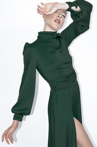 Emerald Green Satin Silk Turtleneck Bridesmaid Midi Dress - Custom Made - Bastet Noir
