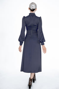 Dark Blue Satin Silk Turtleneck Bridesmaid Midi Dress - Custom Made - Bastet Noir