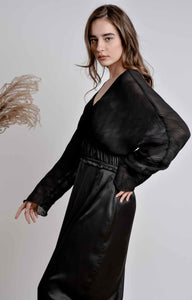 Black cape sleeve midi dress with ruffles