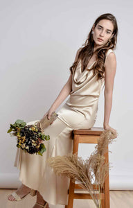 Beige champagne colored bareback pleated dress