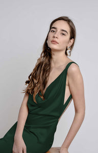 Emerald green colored bareback pleated dress