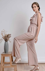 Salmon pink wide leg, sleeveless jumpsuit with ruffle and smocking details