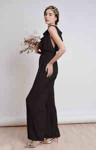 Black wide leg, sleeveless jumpsuit with ruffle and smocking details