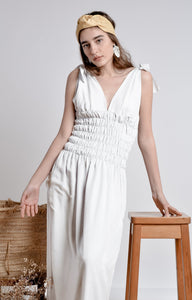 White strappy smocking ankle length silk dress