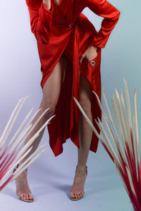 Red Silk Shirt Dress With Front Pockets - BastetNoir