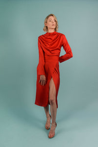 Red Silk Turtleneck Long Sleeve Draped Midi Dress - Custom Made - Bastet Noir