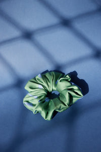 Geometric print green silk satin scrunchie