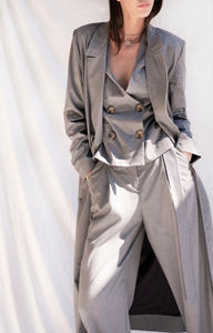 Grey Structured Suit Vest Oversized Trench Coat and Pleated Wide Leg Pants Suit Set - Custom Made - Bastet Noir