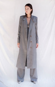 Grey Structured Suit Vest Oversized Trench Coat and Pleated Wide Leg Pants Suit Set - Custom Made - Bastet Noir