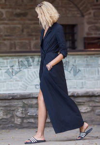 Black maxi casual shirt dress with long sleeves - Custom Made - Bastet Noir