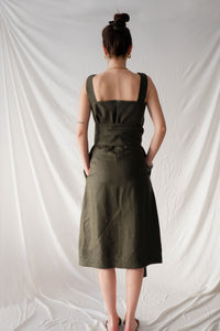 Olive green linen midi strap dress - Custom Made - Bastet Noir