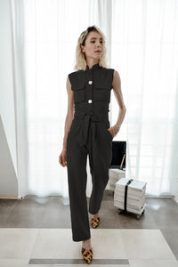 Black linen sleeveless jumpsuit with Mandarin collar