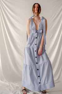 Made to measure blue and white stripped linen maxi bareback dress - Bastet Noir