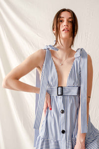 Blue and White Striped Sleeveless Everyday Maxi Summer Dress - Custom Made - Bastet Noir