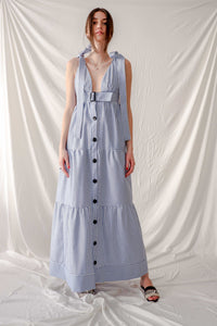 Made to measure blue and white stripped linen maxi bareback dress - Bastet Noir