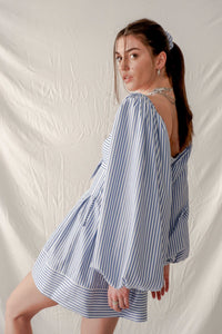 Blue White Striped Linen Mini Summer Dress - Custom Made - Bastet Noir