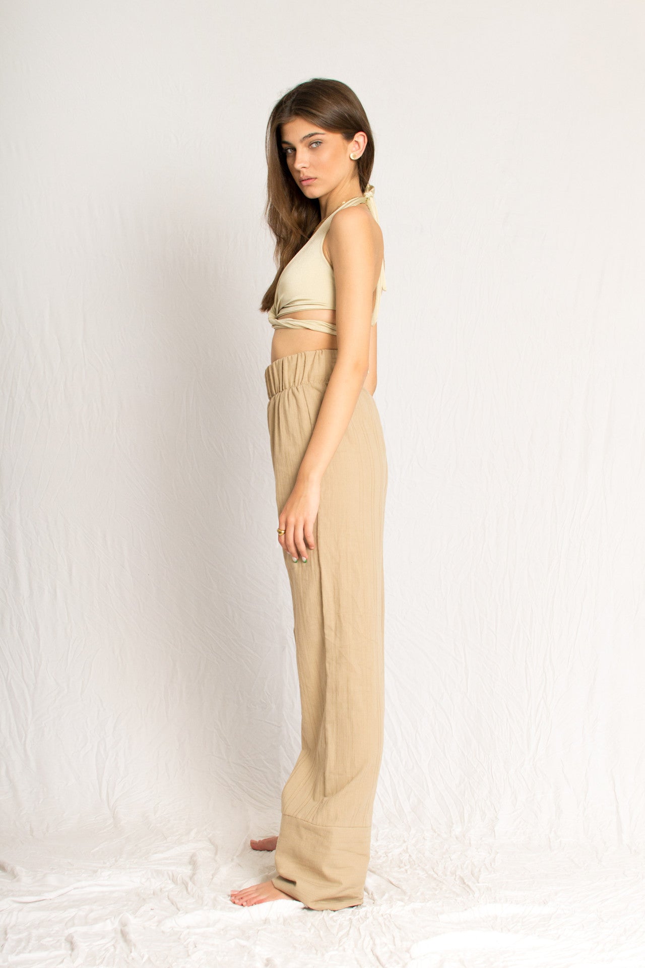 Beige Everyday Front Tie Shirt and Wide Leg Pants Beach Set - Custom Made - Bastet Noir