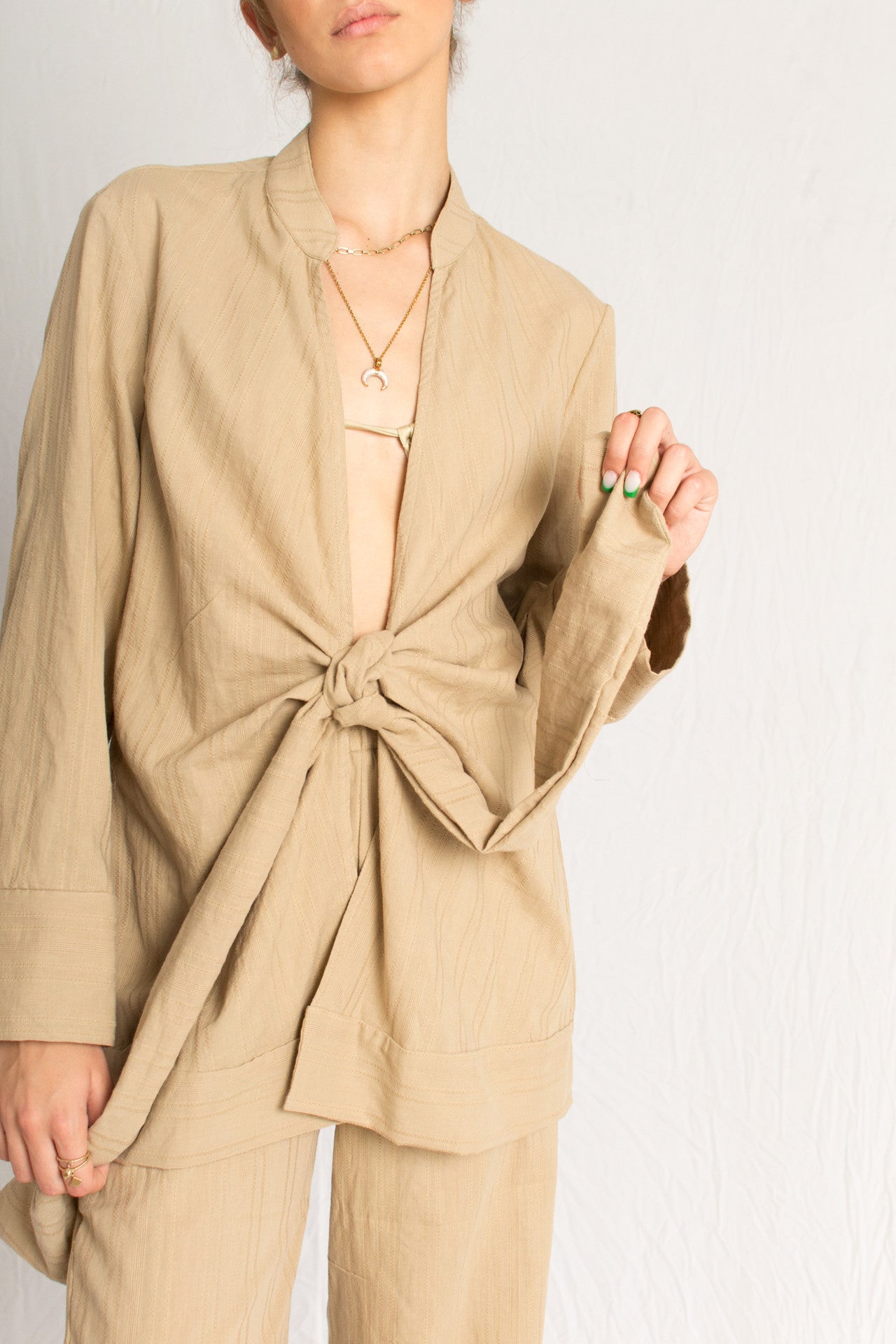 Beige Everyday Front Tie Shirt and Wide Leg Pants Beach Set - Custom Made - Bastet Noir