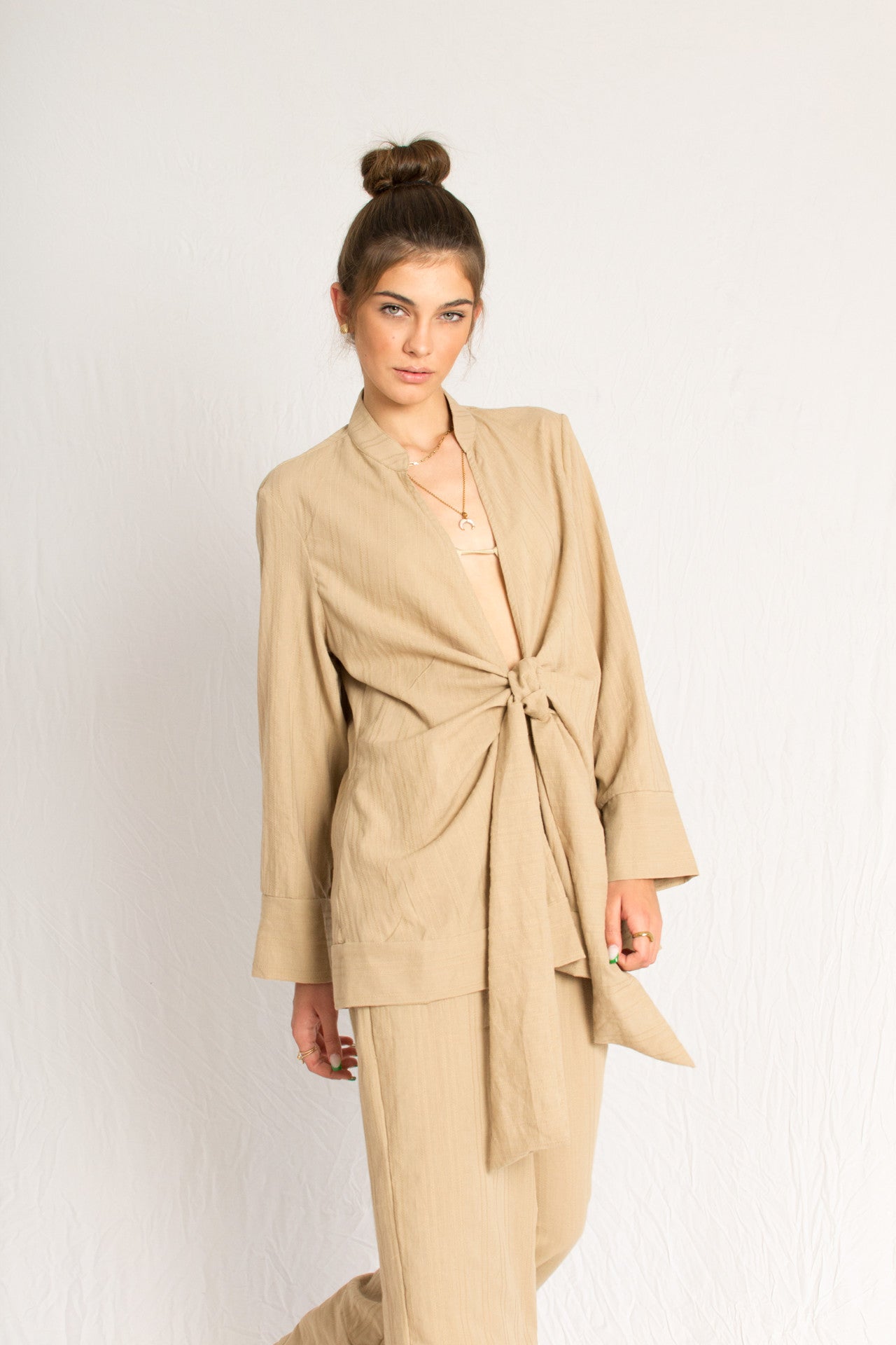 Beige Everyday Front Tie Shirt and Loose Pants Beach Set - Custom Made - Bastet Noir