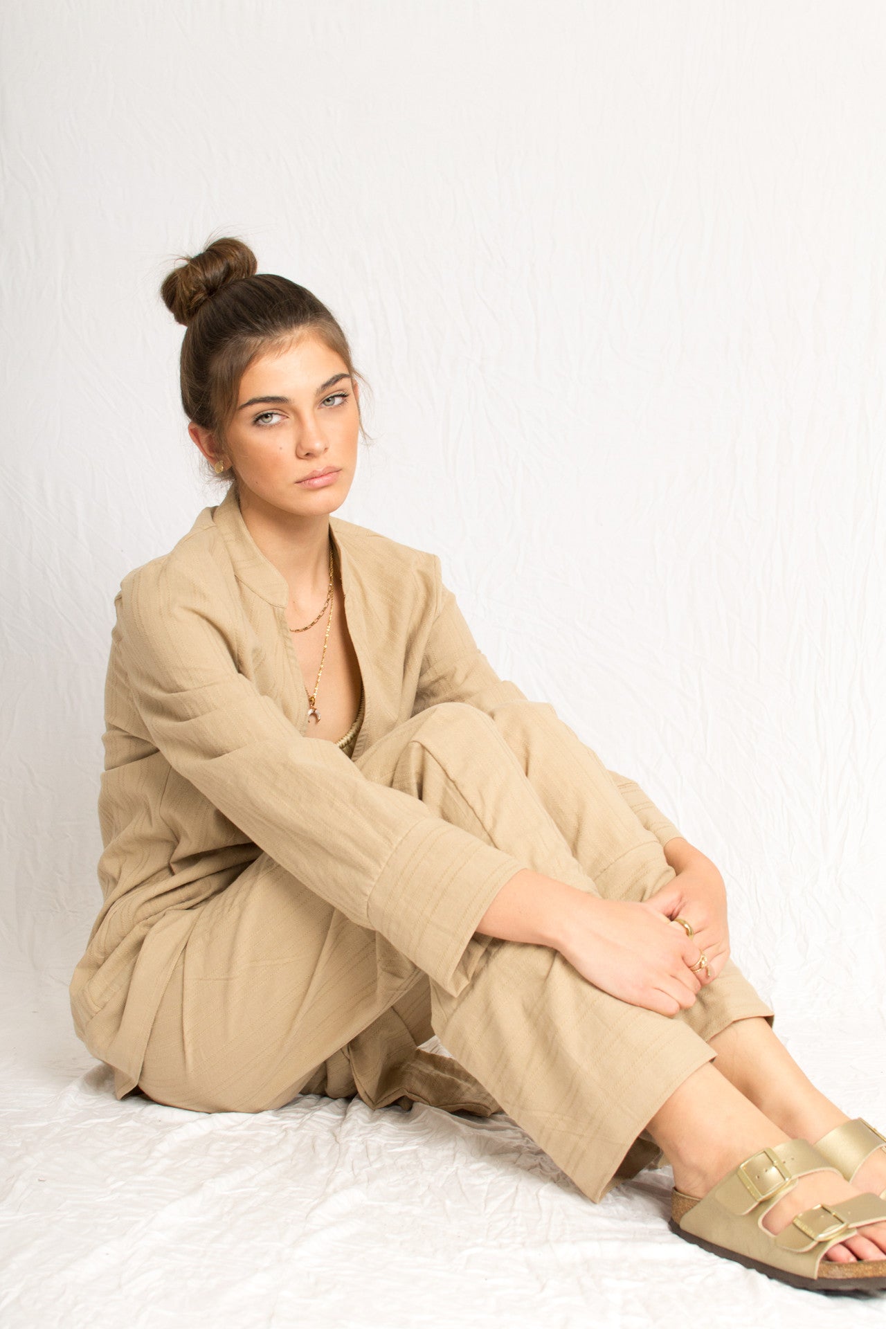 Beige Everyday Front Tie Shirt and Wide Leg Pants Beach Set - Custom Made - Bastet Noir
