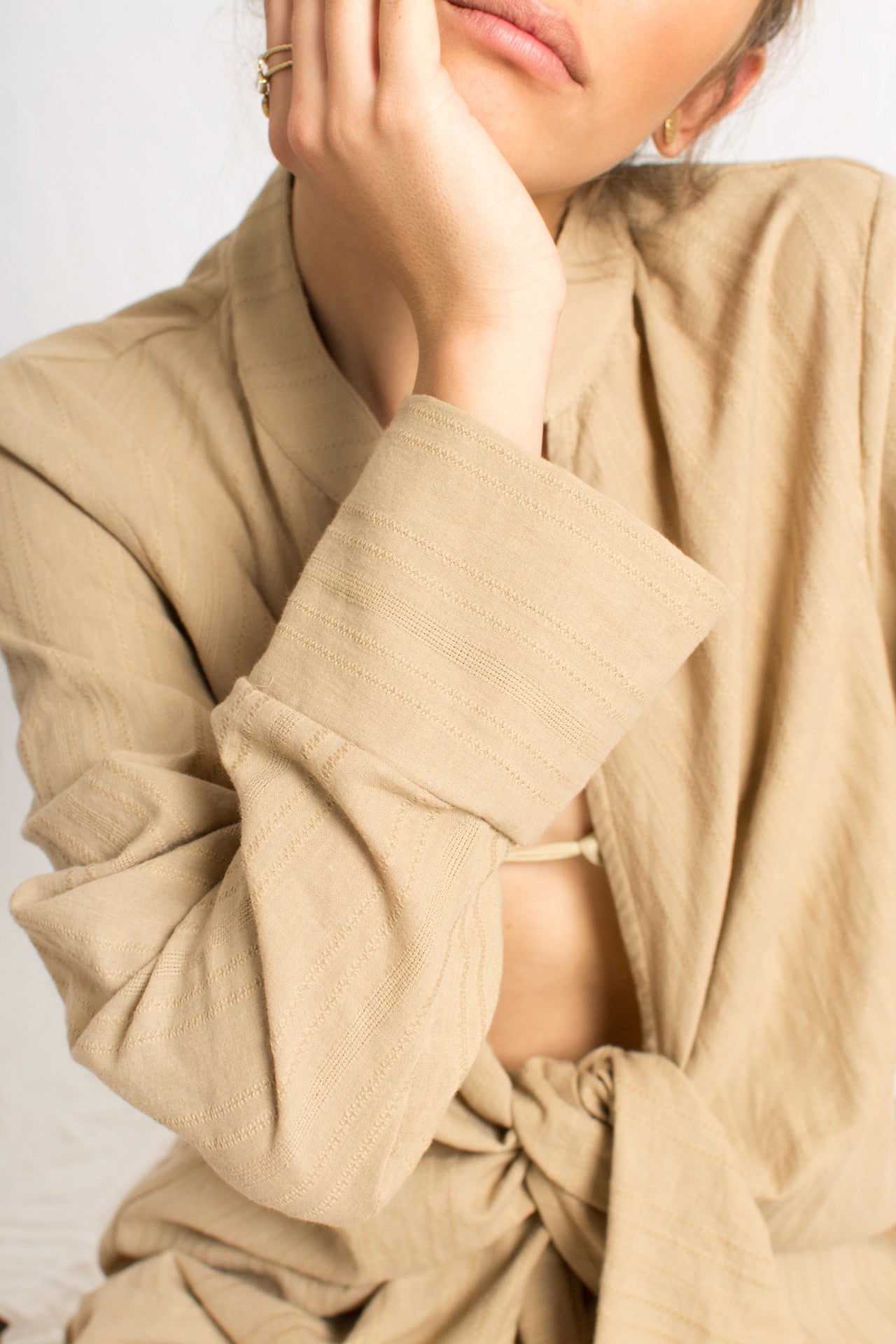 Beige Everyday Front Tie Shirt and Wide Leg Pants Beach Set - Custom Made - Bastet Noir