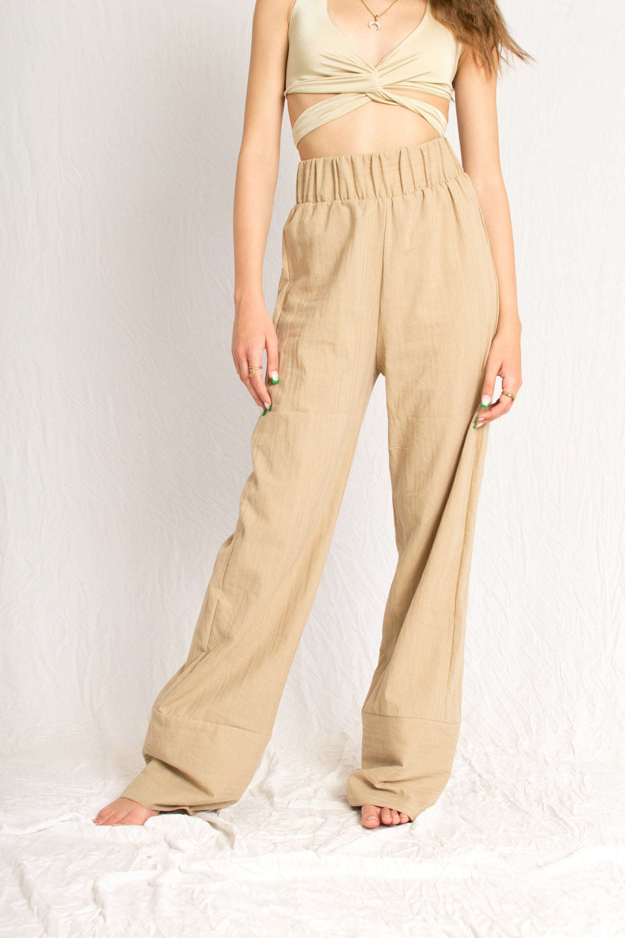 Beige Everyday Front Tie Shirt and Wide Leg Pants Beach Set - Custom Made - Bastet Noir