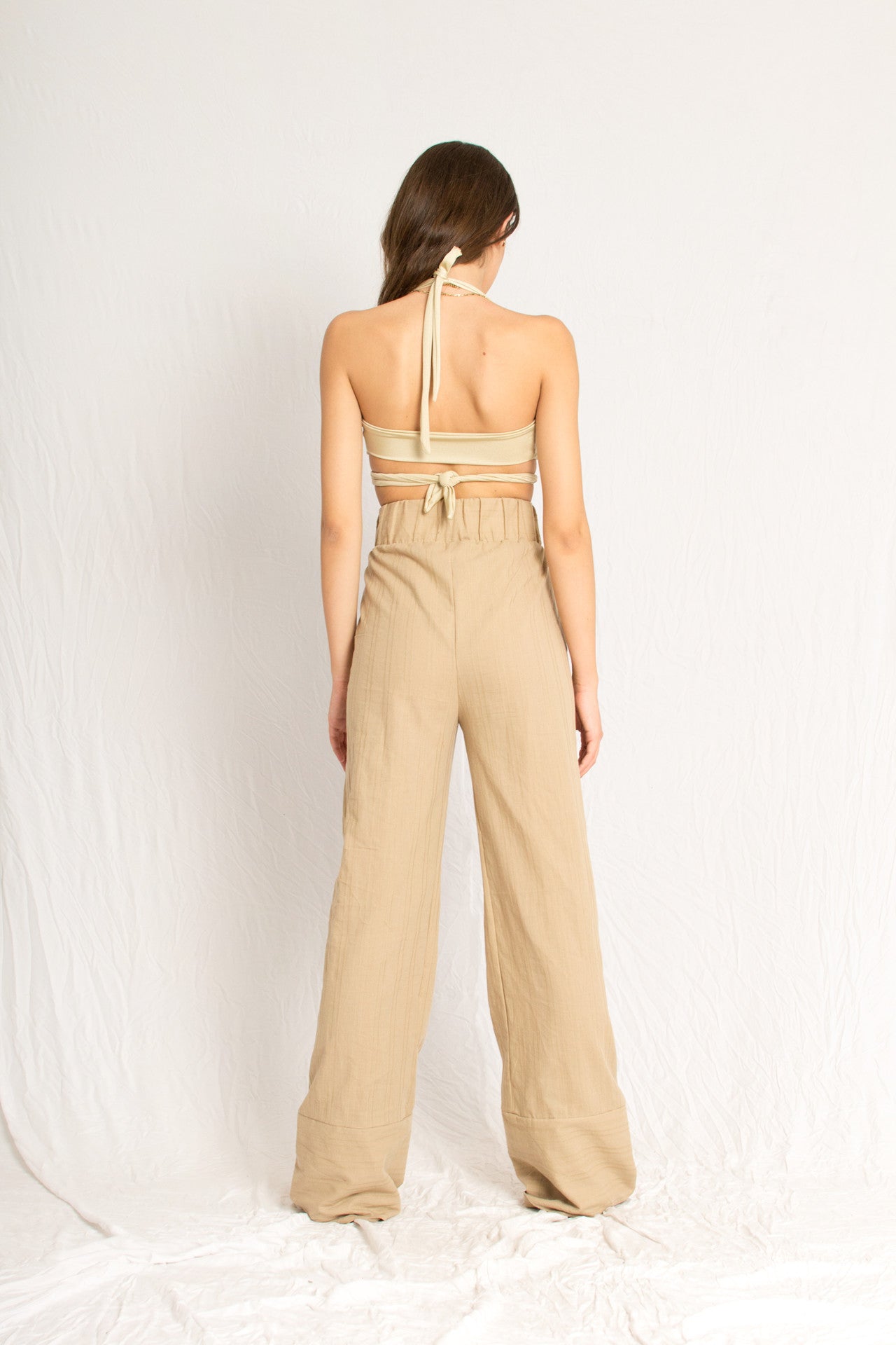 Beige Everyday Front Tie Shirt and Wide Leg Pants Beach Set - Custom Made - Bastet Noir