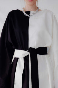 Made to measure black and white ankle length kimono sleeve linen dress - Bastet Noir