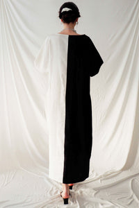 Made to measure black and white ankle length kimono sleeve linen dress - Bastet Noir