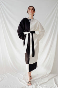 Black and White Long Sleeve Loose Elegant Maxi Dress - Custom Made - Bastet Noir