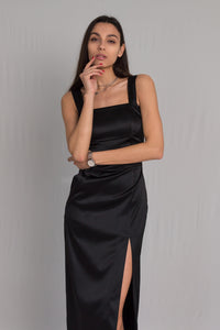 Black Bareback Satin Silk Midi Dress - Custom Made - Bastet Noir