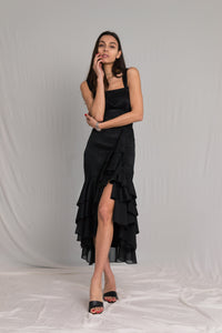 Black Lace Ruffle Midi Dress - Custom Made - Bastet Noir