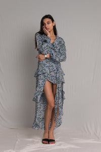 Blue Floral Cotton High Low Ruffle Dress - Custom Made - Bastet Noir