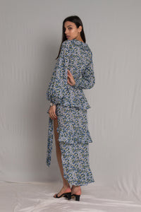 Blue Floral Cotton High Low Ruffle Dress - Custom Made - Bastet Noir
