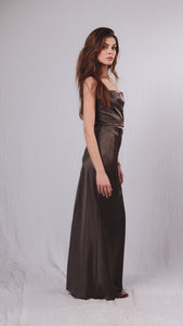 Chocholate brown silky satin maxi skirt with a belt on the waist