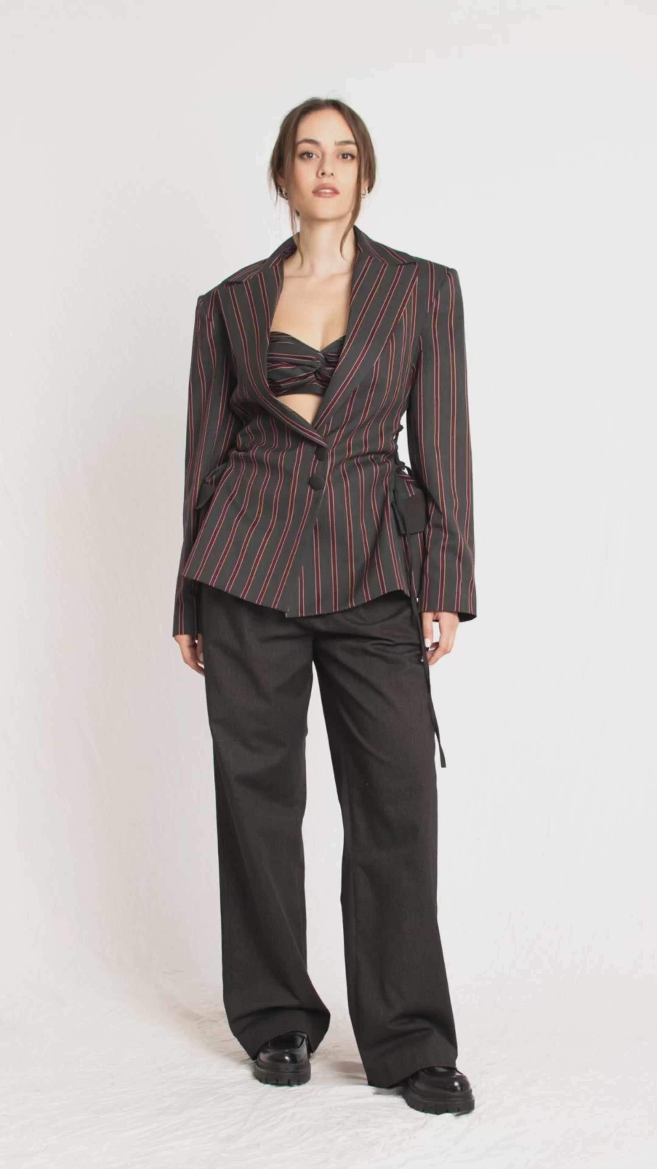 Grey wool bra top, grey women blazer and wool pants - Custom Made - Bastet Noir