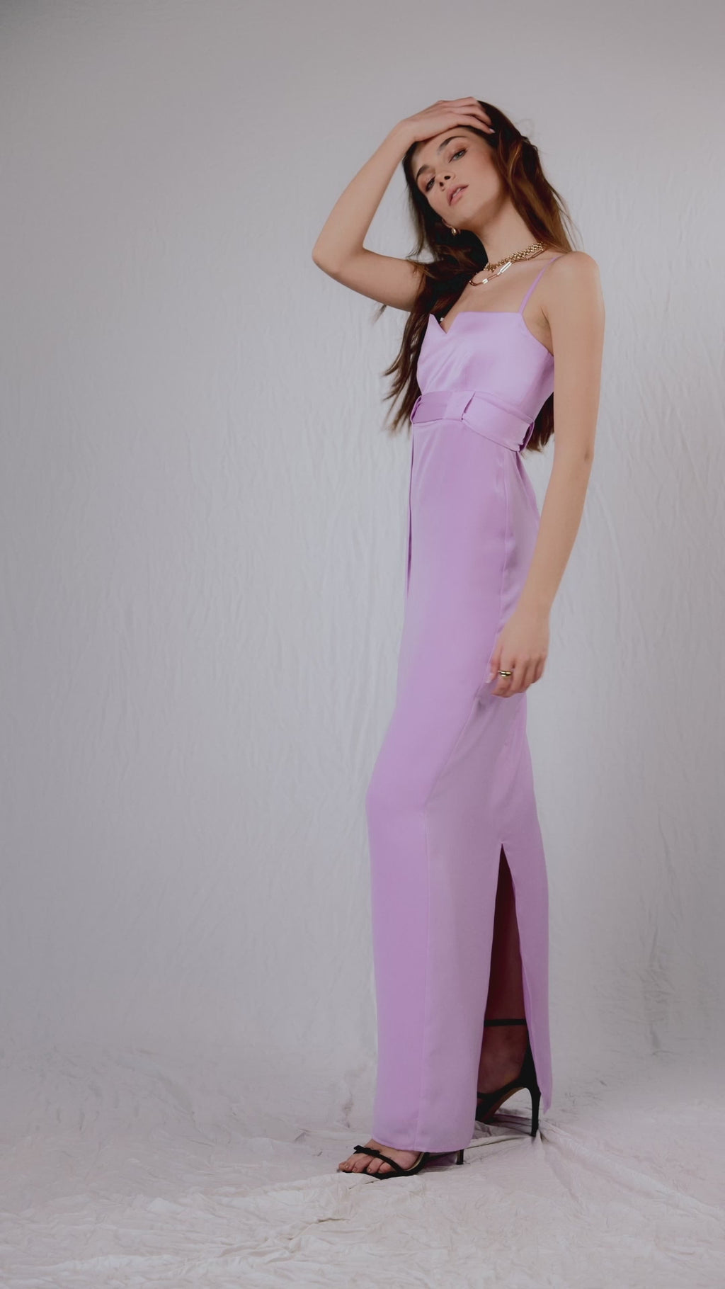 Silky satin maxi lavender dress with a square neckline