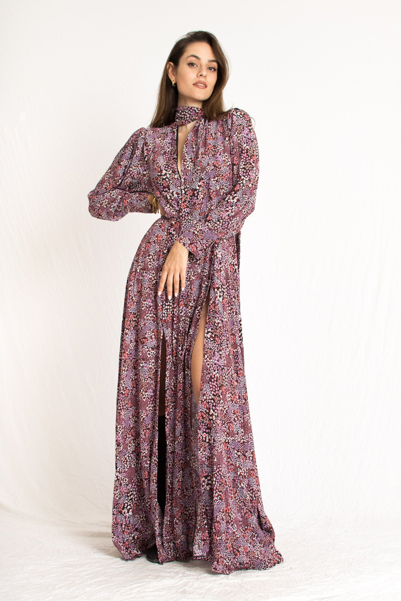 pink floral pattern plunging neckline dress with front slits