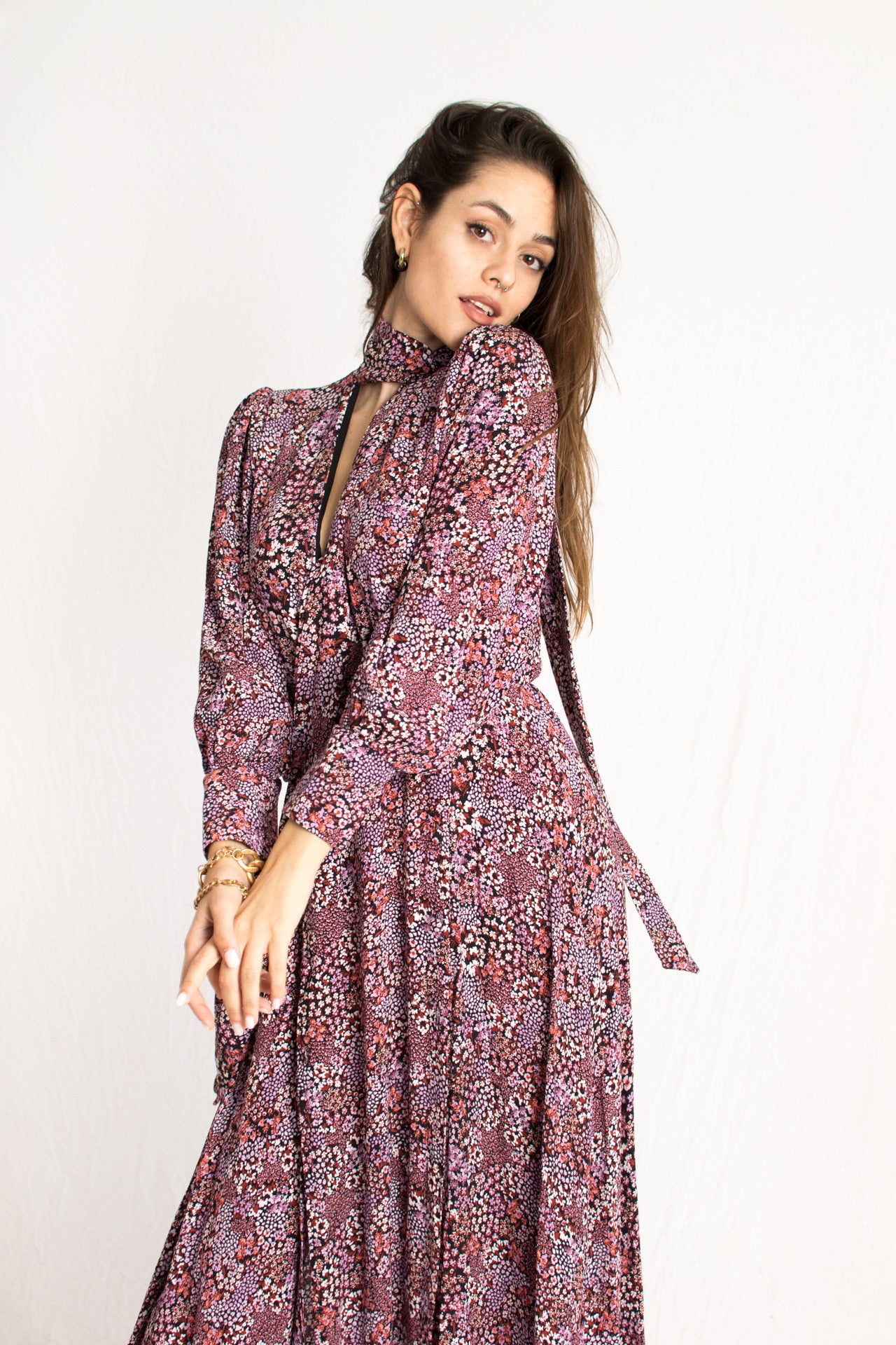 pink floral pattern plunging neckline dress with front slits