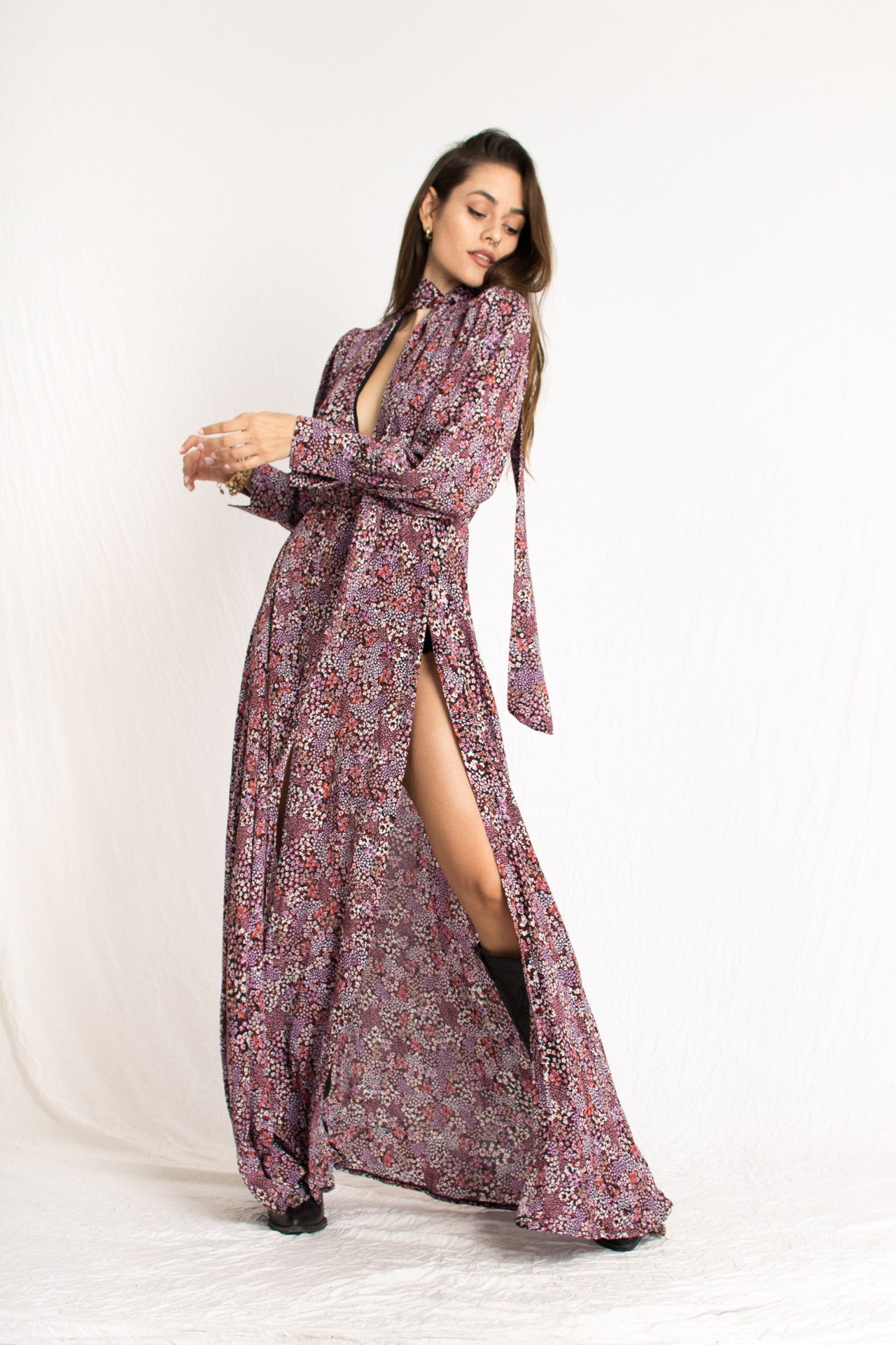 pink floral pattern plunging neckline dress with front slits