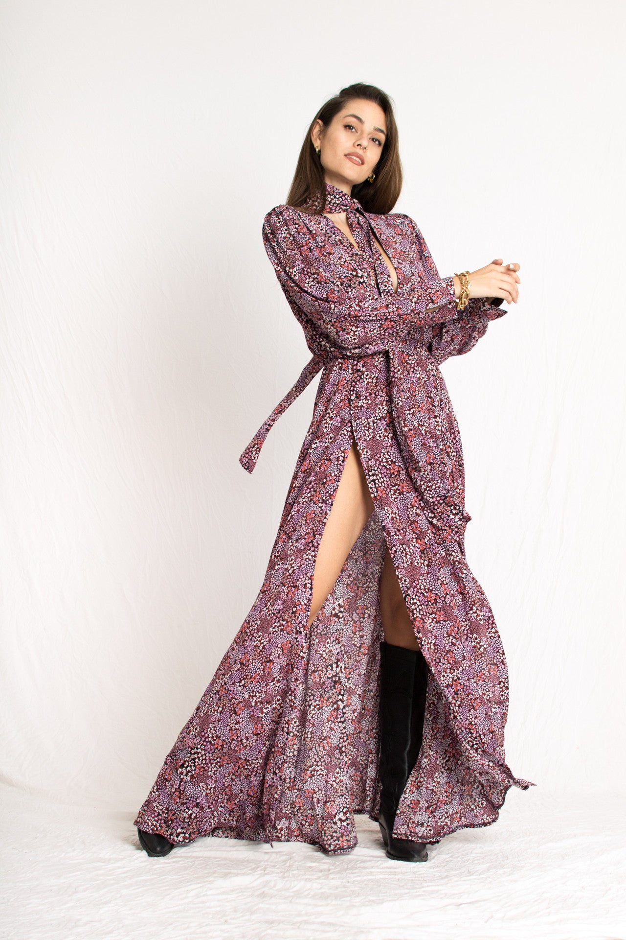 pink floral pattern plunging neckline dress with front slits