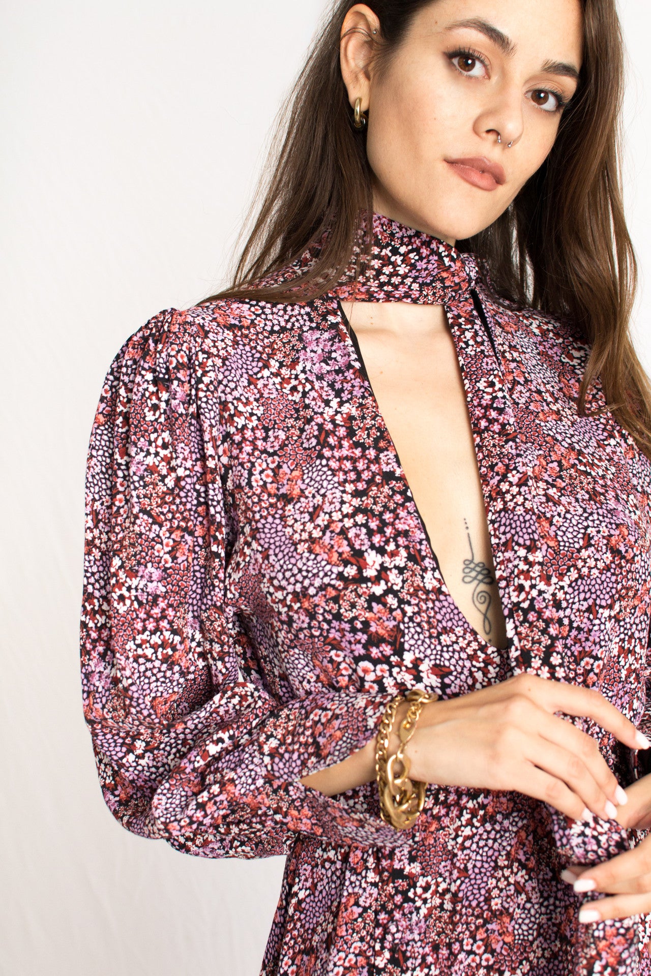 pink floral pattern plunging neckline dress with front slits