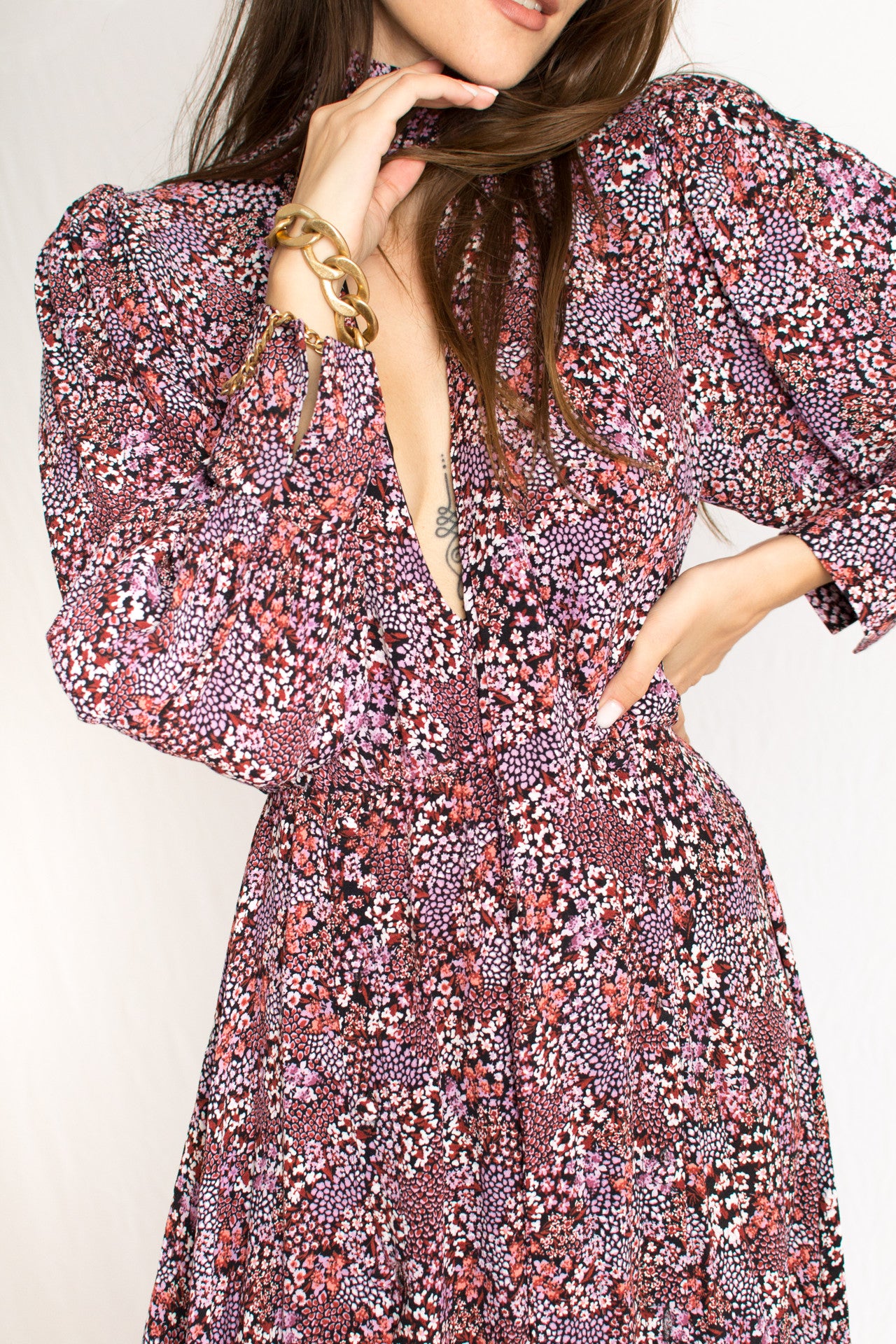 pink floral pattern plunging neckline dress with front slits