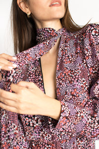 pink floral pattern plunging neckline dress with front slits