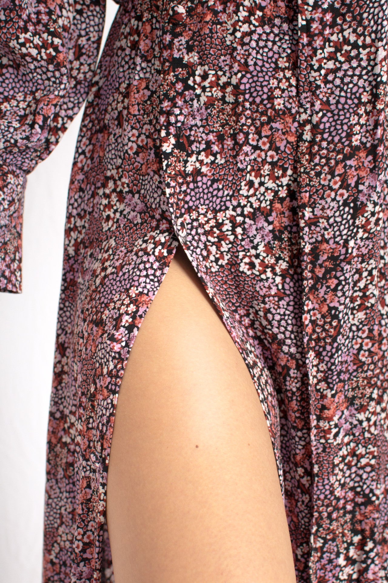 pink floral pattern plunging neckline dress with front slits