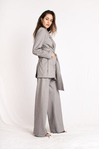 grey cashmere wrap around two piece set blazer and pants