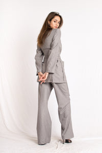 grey cashmere wrap around tie blazer with shoulder pads