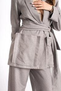 grey cashmere wrap around tie blazer with shoulder pads