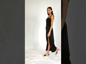 Black 90s bareback satin dress with thick straps and side slit
